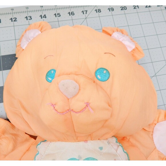 Vintage Fisher Price Puffalump Teddy Bear 1370 Peach Orange Plush Heart Bib 1989 - Picture 7 of 8